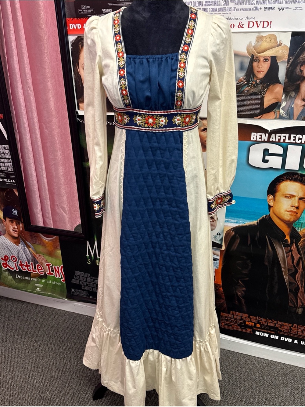 1970s Gunne Sax Cream and Navy boho Embroidered Maxi Dress